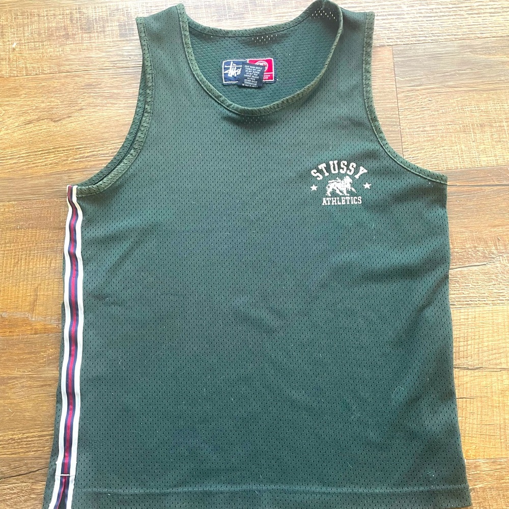 VINTAGE MENS MESH VEST BY STUSSY. DARK GREEN SIZE S RUNS L